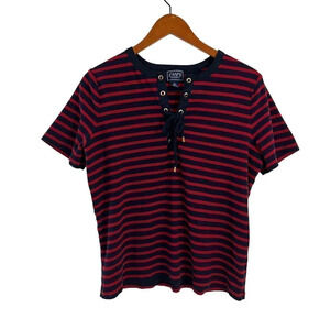 Chaps Classics Red and Navy Striped Short Sleeve Shirt 1X Grommet Lace Up Neck